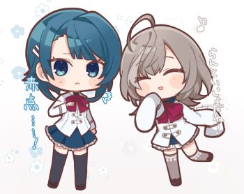 2girls :d ^^^ ^_^ ahoge aizawa_kazuha animal_print arm_at_side assault_lily asymmetrical_legwear black_shoes black_thighhighs blue_eyes blue_hair blue_skirt blush bow bowtie chibi closed_eyes commentary_request eighth_note facing_viewer floral_background full_body gradient_background grey_hair grey_thighhighs hair_ornament hairclip hand_to_own_mouth hand_up herensuge_girls_academy_school_uniform highres jacket leg_up looking_at_viewer medium_hair miniskirt multicolored_hair multiple_girls musical_note open_mouth oversized_clothes parallel_hairclips parted_lips pleated_skirt ponokaijo print_thighhighs rabbit_print red_bow red_bowtie sasaki_ran school_uniform shoes skirt sleeves_past_fingers sleeves_past_wrists smile standing standing_on_one_leg streaked_hair sweatdrop thighhighs translation_request twitter_username uneven_legwear white_background white_jacket zettai_ryouiki