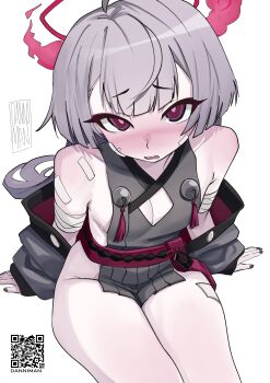 1girl absurdres black_nails blue_archive blush breasts danniman gauze gauze_on_cheek gauze_on_face grey_hair halo highres japanese_clothes kimono loli long_hair looking_at_viewer nose_blush obi red_eyes red_halo sash short_kimono shuro_(blue_archive) sideless_kimono sideless_outfit sitting small_breasts solo very_long_hair
