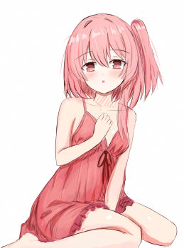 1girl absurdres babydoll bare_shoulders blue_archive blush breasts commentary_request flygombal hand_between_thighs highres looking_at_viewer parted_lips pink_eyes pink_hair red_babydoll serina_(blue_archive) sitting small_breasts solo wariza white_background