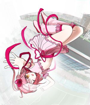 Rule 34 | 1girl, amulet heart, blush, chromatic aberration, commentary, floating, full body, hashtag-only commentary, hinamori amu, lan lan, leg warmers, looking at viewer, magical girl, one eye closed, outstretched arm, pink hair, pink leg warmers, pink skirt, ribbon, shugo chara!, skirt, smile, solo, symbol-only commentary, upside-down, visor cap, yellow eyes