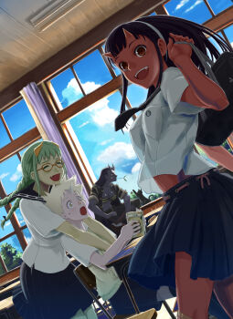 4girls :o ^_^ animal_print bag bandaid bandaid_on_leg black_bag black_cat black_hair black_horns black_jacket black_sailor_collar black_skin black_skirt blonde_hair blue_sky book bra braid breasts cat chair classroom closed_eyes cloud colored_skin commentary_request curtains day desk dutch_angle fang glasses green_hair hairband highres holding holding_bag holding_book horns hug hug_from_behind indoors jacket kakuchoshi long_hair medium_breasts midriff_peek mouth_hold multiple_girls navel oni open_book open_mouth original pleated_skirt print_bra red-framed_eyewear red_eyes red_horns red_skin ribbon-trimmed_skirt ribbon_trim ringed_eyes sailor_collar school_chair school_desk school_uniform serafuku shirt short_hair short_sleeves sitting skin-covered_horns skirt sky small_breasts standing summer sweater_vest tiger_print top_of_moe_2013 twin_braids twintails underwear white_hairband white_horns white_shirt window yellow_eyes yellow_horns yellow_skin yellow_sweater_vest