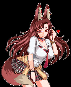 1girl alternate_costume animal_collar animal_ear_fluff animal_ears asymmetrical_bangs black_background black_collar breasts brown_hair brown_jacket cleavage clothes_around_waist collar collarbone commentary_request cowboy_shot fang floating_hair grey_skirt hand_in_own_hair heart imaizumi_kagerou jacket jacket_around_waist large_breasts leaning_forward long_hair looking_at_viewer lowres multiple_wristbands necktie open_mouth outline pixel_art plaid_clothes plaid_skirt pleated_skirt raised_inner_eyebrows red_eyes red_necktie shirt short_sleeves simple_background skirt smile solo touhou unk_kyouso white_outline white_shirt wolf_ears wolf_girl