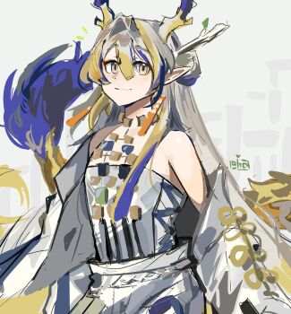 Rule 34 | 1girl, absurdres, arknights, artist logo, bare shoulders, blonde hair, blue hair, closed mouth, dragon girl, dragon horns, dragon tail, earrings, graysheartart, grey hair, hair between eyes, hair intakes, highres, horns, jacket, jewelry, logo, long hair, looking at viewer, multicolored hair, necklace, off shoulder, open clothes, open jacket, pants, pointy ears, shirt, shu (arknights), simple background, smile, solo, strapless, strapless shirt, streaked hair, tail, tassel, tassel earrings, very long hair, white jacket, white pants, white shirt