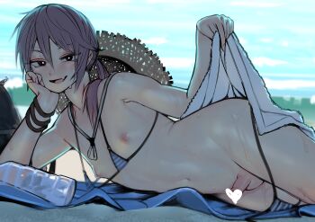 1boy 2n5 absurdres backlighting bangle beach bikini black_eyes blush bottle bracelet bright_pupils censored clothes_lift commentary crossdressing crossdressing_(mtf) erection exhibitionism fang feminization grey_hair hair_between_eyes hat heart heart_censor highres jewelry long_hair looking_at_viewer low_ponytail lying male_focus micro_bikini navel nipples on_side open_mouth original outdoors penis ponytail public_indecency public_nudity shiny_skin skin_fang small_penis smile stomach sun_hat sweat swimsuit symbol-only_commentary towel towel_lift trap water_bottle white_pupils