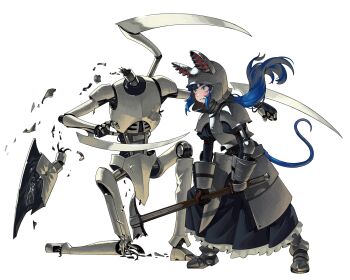 1girl absurdres animal_ears armor blade_arm blue_eyes blue_hair blush brown_gloves decapitation gemi_ningen gloves gorget hammer helmet highres hitting knight long_hair long_skirt mouse_ears mouse_girl mouse_tail plate_armor ratkin_(rimworld) rimworld robot sabaton scyther_(rimworld) skirt tail tassets teeth war_hammer weapon white_background