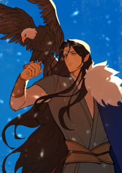 1boy animal arm_up beak bird black_hair blue_eyes circlet cloak closed_mouth eagle elf eyelashes feathers fingolfin floating_hair fur-trimmed_cloak fur_trim gem highres issa_crimson jewelry long_hair male_focus parted_bangs pointy_ears solo talons the_silmarillion tolkien's_legendarium upper_body wings
