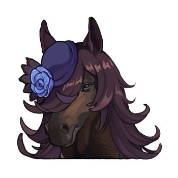 Rule 34 | animal ears, animal focus, blue flower, blue hat, blue rose, borrowed hairstyle, brown hair, flipped hair, flower, hair over one eye, hat, hat flower, horse, horse ears, lili (lilistration), long hair, looking at viewer, no humans, real life, rice shower (racehorse), rice shower (umamusume), rose, simple background, solo, tilted headwear, umamusume