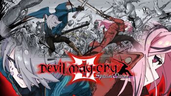 2girls black_hair commentary dante_(devil_may_cry) decapitation demon english_commentary grey_hair harutimu holding holding_sword holding_weapon hololive hololive_english katana koseki_bijou logo mori_calliope multicolored_hair multiple_girls pink_hair purple_eyes red_eyes sword vergil_(devil_may_cry) weapon