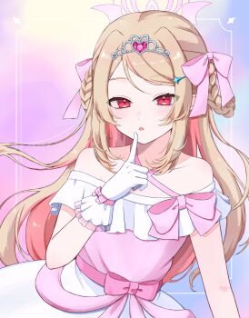 Rule 34 | 1girl, bare shoulders, blonde hair, blush, bow, braid, braided hair rings, colored inner hair, commentary request, cowboy shot, criss-cross halter, dress, dress bow, finger to mouth, frilled dress, frills, glove bow, gloves, hair intakes, hair ornament, hair ribbon, hair rings, hairclip, half-closed eyes, halo, halterneck, heart-shaped gem, highres, index finger raised, long hair, looking at viewer, makaino ririmu, multicolored hair, mzir yu2, nijisanji, off-shoulder dress, off shoulder, official alternate costume, official alternate hairstyle, parted lips, pink background, pink bow, pink dress, pink hair, pink halo, pink ribbon, pink streaks, pointy ears, purple background, red eyes, ribbon, side part, side up ring, sidelocks, solo, standing, star (symbol), star hair ornament, streaked hair, swept bangs, tiara, two-tone dress, two-tone hair, two side up, virtual youtuber, white dress, white gloves