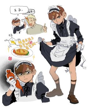 2boys alternate_costume apron arrow_(symbol) back_bow black_dress black_eyes black_hairband black_ribbon black_socks blonde_hair bottle bow brown_hair brown_shoes buttons chilchuck_tims closed_eyes closed_mouth crossdressing crossdressing_(mtf) dress dungeon_meshi enmaided flower food frills full_body gloves grey_sweater hair_between_eyes hairband hand_up highres hitting holding holding_bottle index_finger_raised juliet_sleeves ketchup ketchup_bottle kugai697139 laios_touden long_sleeves looking_at_another looking_at_viewer maid maid_headdress male_focus male_maid multiple_boys multiple_views neck_ribbon omelet omurice open_mouth pink_flower plate puffy_sleeves ribbon shaded_face shoes short_hair simple_background smile socks sparkle standing sweatdrop sweater teeth throwing throwing_food turtleneck turtleneck_dress turtleneck_sweater upper_body v-shaped_eyebrows white_apron white_background white_bow white_gloves