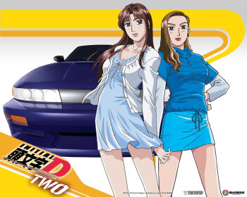 Rule 34 | 2girls, bare legs, blue eyes, blush, brown eyes, brown hair, buttons, casual, dress, earrings, feet, front-tie top, hair intakes, hair over shoulder, holding hands, initial d, jewelry, legs, light brown hair, lips, long hair, long sleeves, looking at viewer, miniskirt, multiple girls, nissan, nissan sileighty, no socks, official art, open clothes, open shirt, parted bangs, pencil skirt, sandals, satou mako, sayuki, sayuki (initial d), shadow, shirt, shoes, short dress, side slit, sidelocks, simple background, skirt, sneakers, standing, swept bangs, toes, turtleneck, unbuttoned, wavy hair, white background