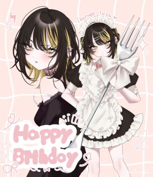 Rule 34 | 1girl, apron, birthday, black dress, black hair, blonde streaks, character name, colored inner hair, dress, fork, happy birthday, hazaki yoshino, heart, heart apron, highres, holding, holding fork, idolmaster, idolmaster shiny colors, ikaruga luca, maid, maid headdress, medium hair, multicolored hair, multiple views, oversized object, pink background, puffy short sleeves, puffy sleeves, short sleeves, standing, streaked hair, twitter username, white apron, yellow eyes