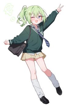Rule 34 | 1girl, absurdres, bag, black bag, black shoes, blue eyes, blue necktie, collared shirt, commentary request, diagonal-striped clothes, diagonal-striped necktie, dress shirt, full body, green hair, green sweater, hair ornament, handbag, highres, korean commentary, long sleeves, necktie, one eye closed, open mouth, pleated skirt, saho 4545, shirt, shoes, side ponytail, simple background, skirt, socks, solo, stellive, striped clothes, sweater, virtual youtuber, white background, white shirt, white socks, yellow skirt, yuzuha riko