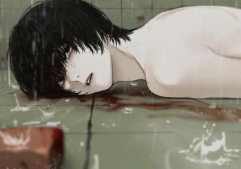 1boy black_eyes black_hair blood blood_on_ground crying falling gin_(euneunun) highres lying male_focus nude on_floor on_stomach original short_hair shower_(place) soap solo tears wet