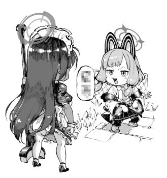 2girls animal_ear_headphones animal_ears anti-materiel_rifle bai_linqin blue_archive blush_stickers boys_anti_tank_rifle broom censored censored_text chain-link_fence collared_shirt commentary_request dark-skinned_female dark_skin dress fake_animal_ears fence full_body grand_theft_auto grand_theft_auto_v grass greyscale gun halo headphones highres holding holding_broom jacket karin_(blue_archive) lamar_roasts_franklin_(meme) long_hair long_sleeves maid maid_headdress medium_hair meme momoi_(blue_archive) monochrome multiple_girls necktie open_mouth puffy_short_sleeves puffy_sleeves racist_momoi_(meme) rifle shirt shoes short_sleeves skirt smile smug sniper_rifle standing thighhighs very_long_hair weapon