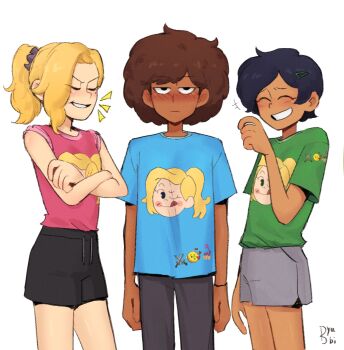 3girls amphibia anne_boonchuy black_hair black_shorts blonde_hair blue_shirt byubiyubi commentary english_commentary green_shirt grey_shorts highres marcy_wu mole mole_under_eye multiple_girls ponytail print_shirt red_shirt sasha_waybright shirt short_hair shorts