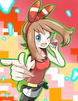 Rule 34 | 1girl, ;d, bare shoulders, bike shorts, bike shorts under shorts, blue eyes, bow, bow hairband, breasts, brown hair, commentary, cowboy shot, emapippi, fanny pack, finger gun, floating hair, hair bow, hairband, holding, holding poke ball, long sidelocks, looking at viewer, may (pokemon), medium breasts, nintendo, one eye closed, open mouth, pointing, pointing at viewer, poke ball, poke ball (basic), pokemon, pokemon oras, red background, red bow, red hairband, red shirt, shirt, shorts, sidelocks, sleeveless, sleeveless shirt, smile, solo, standing, teeth, upper teeth only, white shorts