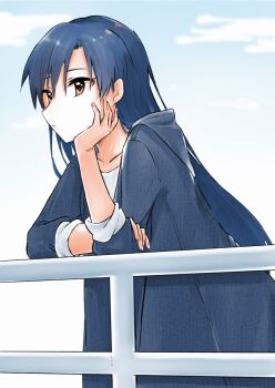 1girl against_railing ayuko_ammobium blue_hair blue_jacket brown_eyes closed_mouth day hand_on_own_chin highres hood hood_down hooded_jacket idolmaster idolmaster_(classic) jacket kisaragi_chihaya long_hair looking_ahead outdoors railing solo standing