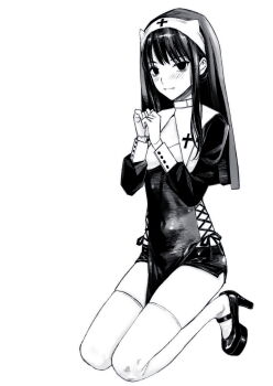 1girl blood_alone blush commentary_request dress fangs flat_chest full_body greyscale high_heels highres kneeling long_hair looking_at_viewer misaki_minato monochrome nun own_hands_together simple_background solo takano_masayuki thighhighs vampire