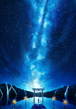 1girl absurdres apuchi_tochi blue_theme commentary_request from_behind highres lake lantern long_hair milky_way night original outdoors reflection reflective_liquid scenery shirt skirt sky sky_focus solo standing star_(sky) starry_sky torii water waterfall