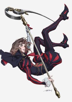 Rule 34 | 1boy, blue eyes, brown hair, exclusiverobert, floating hair, freckles, full body, hashtag-only commentary, highres, holding, holding scythe, holding weapon, jester costume, lies of p, looking at viewer, male focus, mechanical arms, medium hair, official alternate costume, parted lips, pinocchio (lies of p), scythe, signature, simple background, single mechanical arm, solo, two-sided capelet, weapon, white background