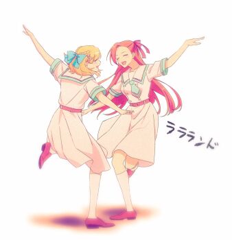 Rule 34 | 2girls, asymmetrical bangs, bad id, bad twitter id, belt, black belt, blonde hair, bow, braid, brown footwear, brown hair, commentary, dancing, dress, facing another, female focus, full body, green bow, green neckwear, hair bow, highres, hluoa, katarina claes, kneehighs, la la land, leg up, long hair, maria campbell, medium dress, medium hair, multiple girls, necktie, open mouth, otome game no hametsu flag shika nai akuyaku reijou ni tensei shite shimatta, red bow, sailor dress, shoes, short sleeves, simple background, smile, socks, standing, standing on one leg, white background, white dress, white legwear