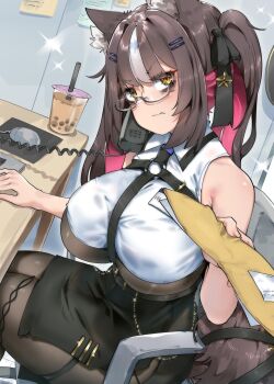 1girl absurdres animal_ears breasts brown_hair bubble_tea chisaka_airi computer_mouse firewpood glasses highres large_breasts multicolored_hair phase_connect pink_hair skirt streaked_hair underboob virtual_youtuber white_hair wolf_ears yellow_eyes