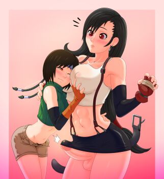 1futa 1girl abs absurdres black_hair black_skirt blush border breasts brown_hair covered_erect_nipples cowboy_shot cropped_sweater earrings erection female_pubic_hair final_fantasy final_fantasy_vii fingerless_gloves futa_with_female futanari gloves grabbing_another&#039;s_breast gradient_background green_sweater groping height_difference highres jewelry large_breasts leaning_forward long_hair medium_penis midriff miniskirt narrow_waist navel ninja no_panties older_female_and_younger_female penis petite pubic_hair pubic_hair_peek red_eyes short_hair short_shorts shorts simple_background skirt small_breasts square_enix standing stradivarius suspenders sweater testicles tifa_lockhart toned toned_female unbuttoned uncensored very_long_hair yuffie_kisaragi