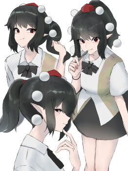 Rule 34 | 1girl, absurdres, alternate hairstyle, bare legs, black bow, black bowtie, black hair, black skirt, bow, bowtie, commentary, feet out of frame, hat, highres, holding, holding pen, looking at viewer, mori dobonua (mordvna), multiple views, pen, pointy ears, pom pom (clothes), ponytail, red eyes, shameimaru aya, shirt, short ponytail, sidelocks, sideways glance, simple background, skirt, smile, tokin hat, touhou, white background, white shirt