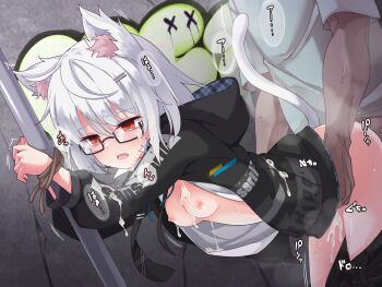 1boy 1girl absurdres after_rape animal_ears bent_over bound bound_wrists breasts breasts_out cat_ears cat_girl cat_tail clothes_pull commentary crying crying_with_eyes_open cum cum_on_body cum_on_clothes empty_eyes facial graffiti gyuunyuukeepaa hair_ornament hairclip hetero highres hood hoodie long_sleeves medium_breasts open_clothes open_hoodie original pants pants_pull rape rectangular_eyewear red_eyes semi-rimless_eyewear sex sex_from_behind short_hair standing standing_sex sweat tail tears under-rim_eyewear vrchat white_hair