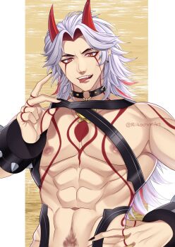 1boy abs arataki_itto artist_name bare_chest choker genshin_impact highres horns looking_at_viewer male_focus muscular muscular_male navel nipples o-ring o-ring_choker oni oni_horns open_mouth red_horns riikochan solo spiked_choker spikes teeth tongue tongue_out twitter_username upper_body watermark white_hair