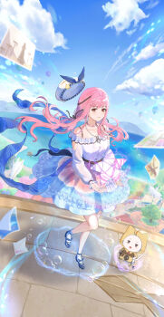 Rule 34 | 1girl, absurdres, ahoge, animal, arm cutout, back bow, bare shoulders, belt, beret, black belt, black bow, black ribbon, blue bow, blue shoes, blue skirt, blue sky, bow, bow choker, bowtie, bra strap, brown eyes, bubbly voyage (infinity nikki), buttons, camera, cat, choker, cloak, closed mouth, clothed animal, clothing cutout, cloud, colored skin, day, dot nose, ear covers, eyelashes, floating clothes, floating hair, footwear bow, frilled shirt, frilled skirt, frilled sleeves, frills, full body, hair bow, hair ribbon, happy, hat, hat bow, hat loss, hat ornament, high heels, highres, holding, holding camera, holding star, hood, hood down, hooded cloak, infinity nikki, jewelry, kohanai setsuna, lake, light blush, long hair, long sleeves, looking at viewer, low twintails, miniskirt, momo (nikki), mountainous horizon, multicolored skin, necklace, nikki (nikki), nikki (series), off-shoulder shirt, off shoulder, on roof, open mouth, outdoors, perfect start (infinity nikki), photo (object), pink bow, pink bowtie, pink choker, pink hair, pink skirt, puffy long sleeves, puffy sleeves, pumps, ribbon, see-through clothes, see-through sleeves, shirt, shoes, single stripe, skirt, sky, smile, snowflakes, socks, standing, star (symbol), star hat ornament, star necklace, striped bow, striped bowtie, striped choker, striped clothes, swept bangs, town, transformation, tress ribbon, twintails, two-tone skin, very long hair, water drop, whimstar (infinity nikki), whiskers, white cat, white hat, white shirt, white socks, yarn, yellow cloak