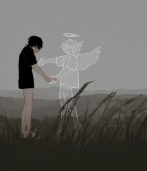 Rule 34 | 2boys, angel, barefoot, black hair, black shirt, bottomless, day, facing down, field, from side, full body, grass, halo, hand on own face, highres, holding hands, looking at another, medium hair, multiple boys, original, outdoors, outstretched arm, overcast, profile, reaching, shirt, short sleeves, shorts, silhouette, sky, tall grass, uzmaki tamago, wings
