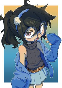 1girl absurdres belt black_hair black_sweater blue-framed_eyewear blue_hairband blue_jacket blue_skirt blush brown_belt brown_eyes character_request commentary commission copyright_request english_commentary glasses hairband highres jacket looking_at_viewer open_clothes open_jacket open_mouth pleated_skirt ponytail ribbed_sweater round_eyewear saghaley sharp_teeth short_hair short_ponytail skirt sleeveless sleeveless_sweater solo sweater teeth upper_teeth_only