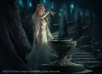 1girl 2019 arm_up blonde_hair borja_pindado closed_mouth commentary copyright_notice dress elf english_commentary english_text galadriel hand_up highres long_hair mirror pointing pointy_ears queen rock solo stairs standing the_lord_of_the_rings tolkien&#039;s_legendarium tree very_long_hair water white_dress