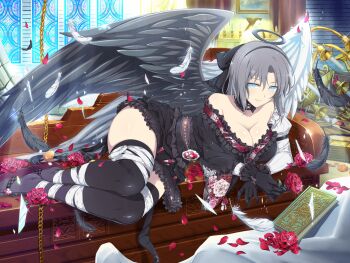 Rule 34 | 1girl, altar, asymmetrical sleeves, asymmetrical wings, bandaged leg, bandages, bare shoulders, bat wings, black bow, black dress, black feathers, black hairband, black halo, black thighhighs, black wings, blue eyes, blush, book, bow, breasts, candelabra, candle, candlestand, chain, cleavage, closed mouth, collarbone, demon tail, detached collar, dress, fallen angel, falling feathers, feathers, flower, game asset, gold chain, grey hair, hair bow, hairband, halo, japanese clothes, knocked over, large breasts, looking at viewer, low neckline, lying, medium hair, mismatched sleeves, mismatched wings, navel, obi, obiage, obijime, off shoulder, official alternate costume, official art, on side, painting (object), petals, red flower, red petals, red rose, rose, rose petals, sash, senran kagura, senran kagura new link, senran kagura shinovi versus, short dress, smile, solo, stained glass, tail, thighhighs, white bow, white feathers, white wings, wings, yumi (senran kagura)