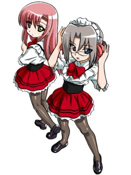 Rule 34 | 2girls, bandabekken, black shoes, blue eyes, bow, bowtie, bronze parrot, closed mouth, cummerbund, curtained hair, frilled shirt, frills, from above, glasses, grey hair, hands up, harukaze chiharu, hayate no gotoku!, katsura hinagiku, loafers, long hair, looking back, maid headdress, miniskirt, multiple girls, open mouth, pantyhose, pink hair, pleated skirt, red bow, red bowtie, red skirt, shirt, shoes, short hair, simple background, skirt, standing, waitress, white background, white shirt, yellow eyes