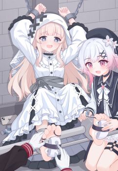 3girls absurdres barefoot beret black_hat blonde_hair bound cellphone commentary_request cross cross_earrings cross_ornament crying crying_with_eyes_open dress earrings eugenecolin flower frilled_dress frills glass_bottle gloves grey_eyes hair_ornament hat hat_flower heart heart-shaped_pupils highres hikami_meruru hime_cut jewelry mahou_shoujo_no_majo_saiban multiple_girls nikaido_hiro o-ring o-ring_thigh_strap phone pink_eyes pink_hair priestess restrained sakuraba_ema smartphone soles symbol-shaped_pupils tears thigh_strap tickling tickling_feet toes torture veil white_dress white_flower white_gloves white_hair white_veil x_hair_ornament