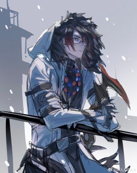 1boy absurdres against_railing arknights armband bead_necklace beads belt black_armband black_belt black_hair black_pants black_shirt building chinese_commentary coat commentary_request cowboy_shot crabwzzzz crossed_arms fur-trimmed_coat fur_trim glasses gnosis_(arknights) hair_between_eyes highres hood hood_up hooded_coat jewelry long_sleeves looking_ahead male_focus multicolored_hair necklace open_clothes open_coat outdoors pants railing red_hair serious shirt short_hair sleeve_garter snowing solo standing streaked_hair two-tone_hair watermark weapon weibo_watermark white_coat yellow_eyes