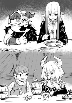 2boys 2girls aura_(sousou_no_frieren) bar_(place) barrel beard beer_mug chair chilchuck_tims clenched_hand crossover cup demon_girl demon_horns drunk eating facial_hair fake_horns fern_(sousou_no_frieren) fingerless_gloves fork frown furrowed_brow gloves greyscale helmet highres holding holding_cup holding_fork horned_helmet horns indoors jitome looking_at_another monochrome mug multiple_boys multiple_girls mustache senshi_(dungeon_meshi) short_hair sitting sousou_no_frieren table tenten_(chan4545) upper_body