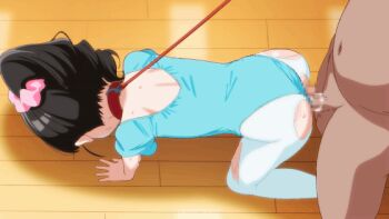1boy 1girl age_difference all_fours angie_(meganekko-geki-love-1008) animated animated_gif ass athletic_leotard ballerina bdsm black_hair blue_leotard censored clothed_female_nude_male clothed_sex clothing_aside collar doggystyle from_behind fukuyama_mai hair_ornament hetero idolmaster idolmaster_cinderella_girls leash leotard leotard_aside loli mosaic_censoring nude pantyhose penis ponytail scrunchie sex sex_from_behind short_hair slave solo_focus sweat torn_clothes torn_pantyhose vaginal white_pantyhose wooden_floor