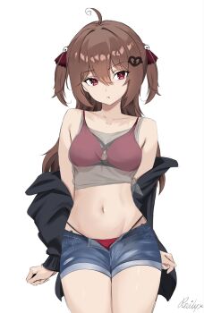 1girl ahoge bare_shoulders bikini bikini_under_clothes black_jacket blue_shorts breasts brown_hair closed_mouth commentary cowboy_shot crop_top denim denim_shorts evil_neuro-sama fang hair_ornament heart heart_hair_ornament highres jacket long_hair looking_at_viewer medium_breasts midriff navel neuro-sama off_shoulder open_fly raily_x red_bikini red_eyes see-through_clothes see-through_shirt shirt short_shorts shorts side-tie_shirt simple_background sleeveless sleeveless_shirt solo stomach string_bikini swimsuit two_side_up vedal_ai white_background