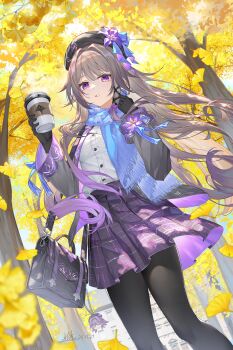 1girl absurdres al_guang alternate_costume autumn_leaves bag beret black_bag black_gloves black_hat black_pantyhose blue_scarf brown_hair character_charm charm_(object) cup disposable_cup falling_leaves floating_hair flower gloves hands_up hat hat_flower herta_(honkai:_star_rail) highres holding holding_cup honkai:_star_rail honkai_(series) leaf long_sleeves looking_at_viewer outdoors pantyhose parted_lips purple_eyes purple_flower purple_skirt scarf school_bag school_uniform shirt skirt solo standing the_herta_(honkai:_star_rail) white_shirt