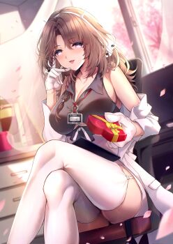 Rule 34 | 1girl, absurdres, black shirt, box, breasts, brown hair, chair, cleavage, coat, crossed legs, epic seven, falling petals, gloves, heart-shaped box, highres, id card, lab coat, large breasts, long hair, on chair, petals, punimon (user ymmd3824), school nurse yulha (epic seven), shirt, sitting, skirt, solo, thighhighs, thighs, white coat, white gloves, white skirt, white thighhighs, yulha (epic seven)