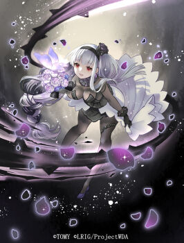 1girl alfou_(wixoss) black_bodysuit black_dress black_shoes bodysuit bouquet breasts cleavage copyright_notice dress flower high_heels holding holding_bouquet looking_at_viewer medium_breasts official_art open_mouth red_eyes ren-co shoes smile solo white_hair wixoss