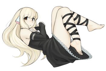 00s 1girl 2000s_(style) absurdres barefoot black_detached_sleeves black_dress blonde_hair breasts brown_eyes chii chobits detached_sleeves dress ears feet full_body highres leg_wrap legs long_bangs long_hair looking_at_viewer lying on_back open_mouth robot_ears solo thighs toes white_background yirtios