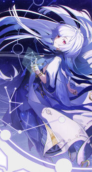 1girl absurdres chinese_commentary chromatic_aberration commentary_request dress du_xi_abc grey_hair halo highres holographic_interface id_card jacket long_hair looking_at_viewer looking_to_the_side mornye_(wuthering_waves) parted_lips purple_dress purple_sky red_eyes see-through_body sky solo space star_(sky) starry_sky tacet_mark_(wuthering_waves) white_jacket wuthering_waves