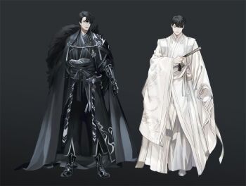 2boys alternate_costume black_cape black_coat black_eyes black_hair black_hanbok black_shirt blackbox_(blackbox9158) boots cape coat cowboy_shot full_body fur_trim gauntlets hanbok hand_fan head_tilt holding holding_fan kim_dokja korean_clothes lapel_chain male_focus multiple_boys omniscient_reader&#039;s_viewpoint open_clothes open_coat popped_collar shirt short_hair standing tassel white_coat white_hanbok white_shirt yoo_joonghyuk