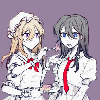 2girls alternate_eye_color alternate_hair_length_(longer) black_hair blonde_hair blue_eyes bow bowtie closed_mouth collared_dress commentary dated_commentary dessert dress extra_arms feeding food fork frilled_shirt_collar frilled_wrist_cuffs frills hair_between_eyes hair_bow hat high-waist_skirt highres holding holding_fork holding_plate juliet_sleeves long_sleeves looking_at_another lower_teeth_only maribel_hearn missing_headwear mob_cap multiple_girls necktie open_mouth oriharareimu plate puffy_short_sleeves puffy_sleeves purple_background purple_eyes red_bow red_bowtie red_necktie sash shirt short_sleeves sidelocks simple_background skirt teeth tie_clip touhou usami_renko white_bow white_dress white_hat white_sash white_shirt white_skirt wrist_cuffs