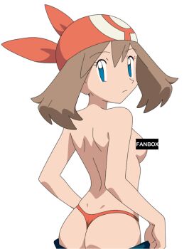 1girl ass back bandana blue_eyes breasts brown_hair censored censored_nipples closed_mouth commentary cowboy_shot from_behind looking_at_viewer looking_back may_(pokemon) mnkr98 nintendo paid_reward_available panties pokemon pokemon_rse red_bandana red_panties simple_background small_breasts solo topless_female underwear white_background
